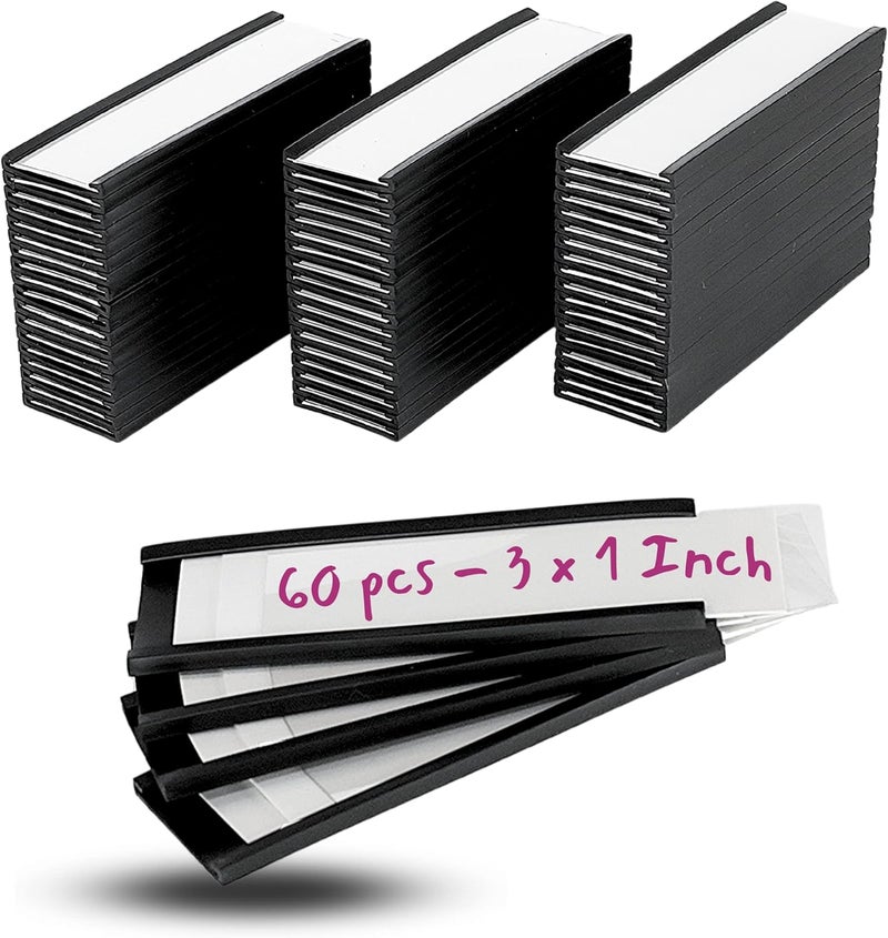 Availey. 60 Pack Magnetic 'C' Channel Label Holders for Metal Racks and Shelves with Protective Films and Replacement Strips 3" x 1" - Image 1